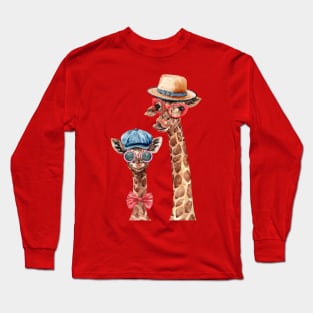 giraffe wearing glasses hats hand drawn Long Sleeve T-Shirt